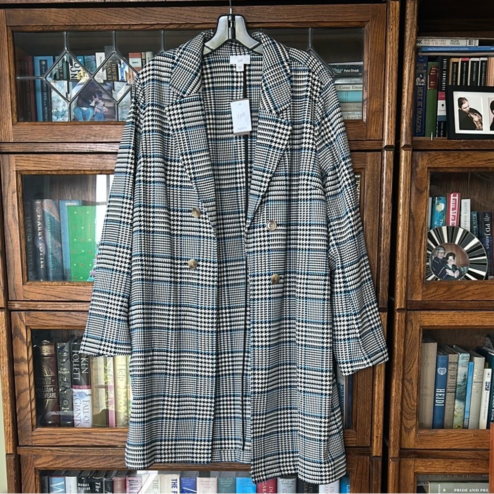 J Jill Plaid Barley/Black/Blue Long Jacket, Open Front, Medium
